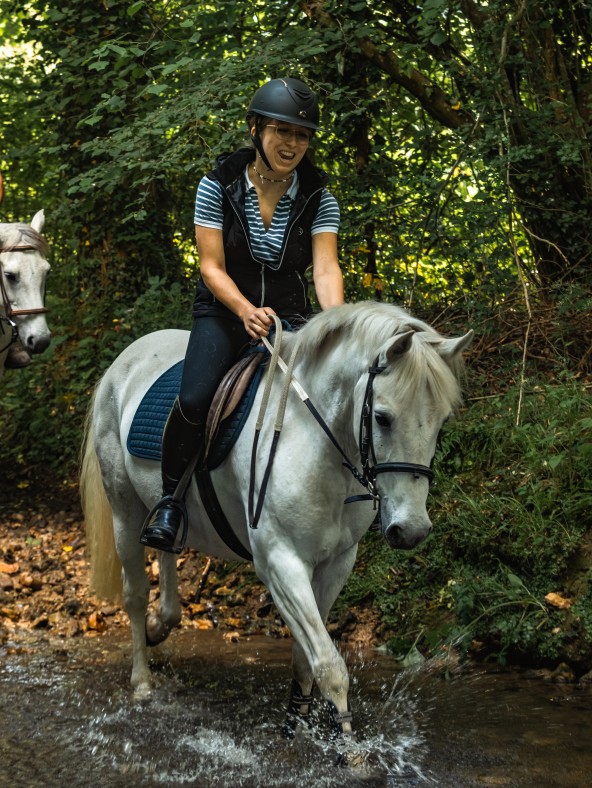 Cavalière traversant un petit cours d’eau lors d’une balade à cheval au Brévedent, en Normandie.
