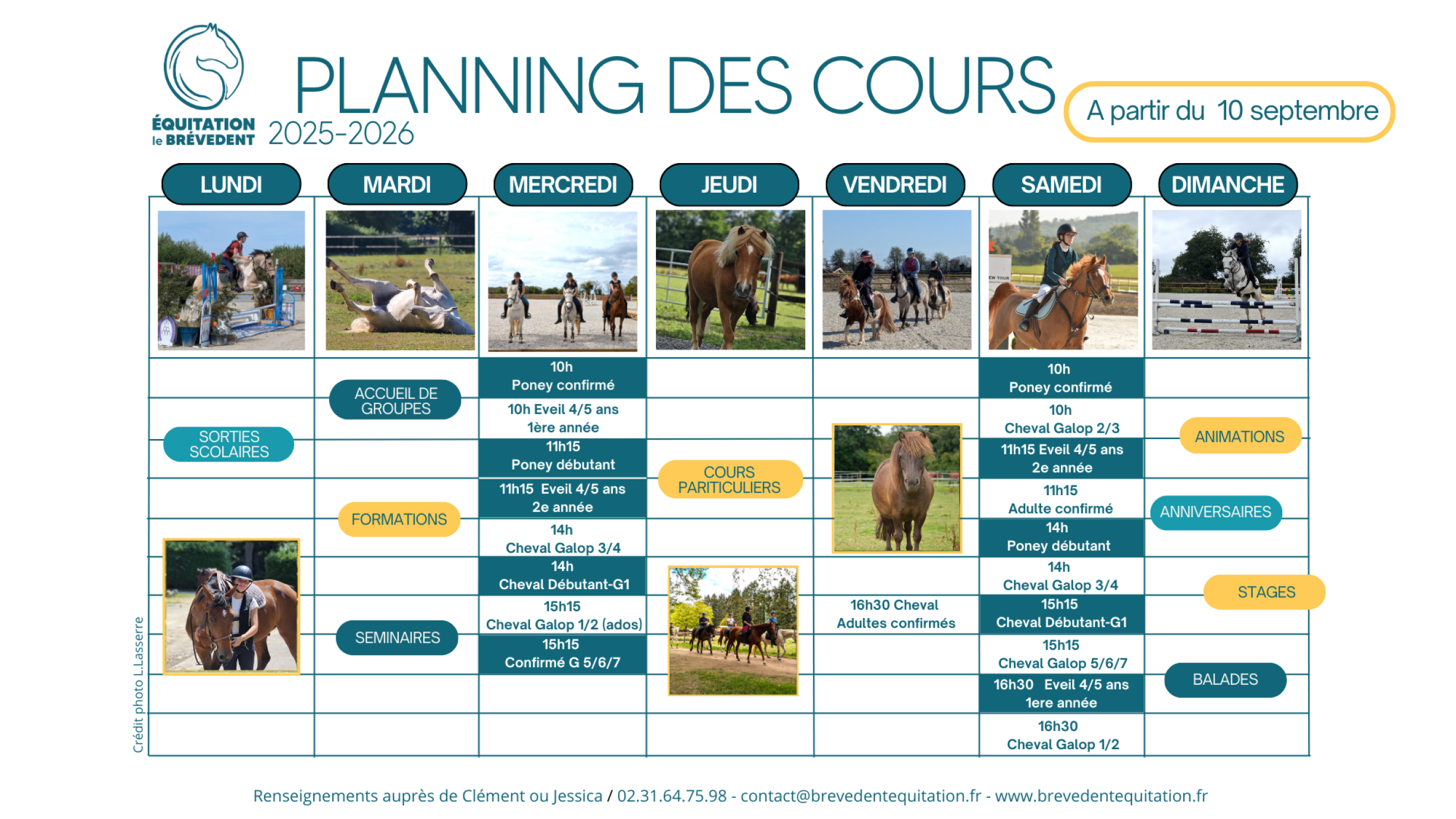 Planning des cours d’équitation avec horaires des séances poney et cheval au Brévedent pour l’année 2025-2026.