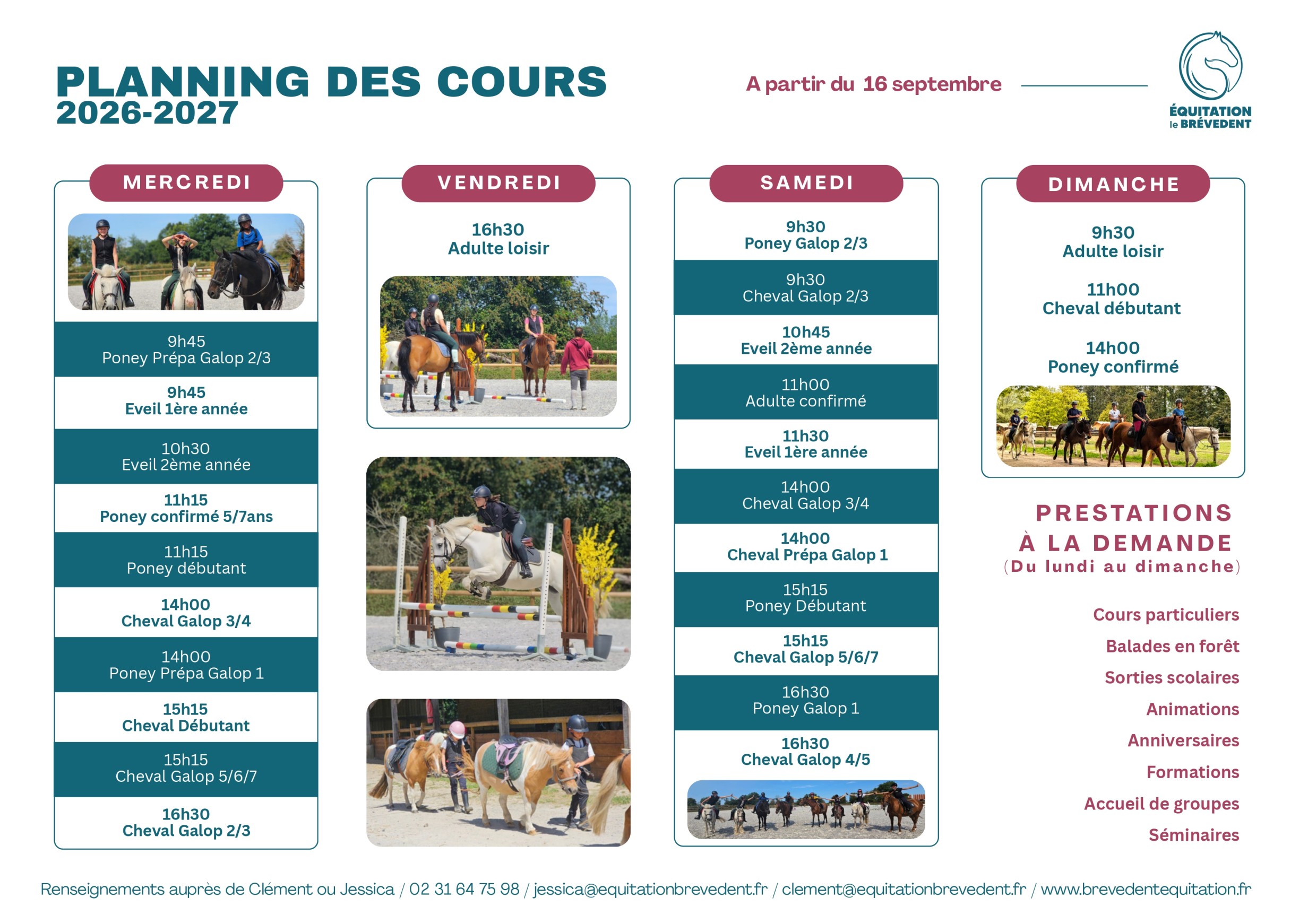 Planning des cours d’équitation avec horaires des séances poney et cheval au Brévedent pour l’année 2026-2027